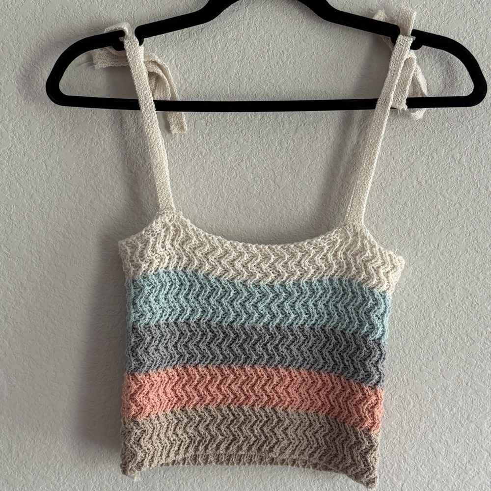 POL Women's  Crochet Tie Shoulder Crop Tank Top Boho Festival One Small